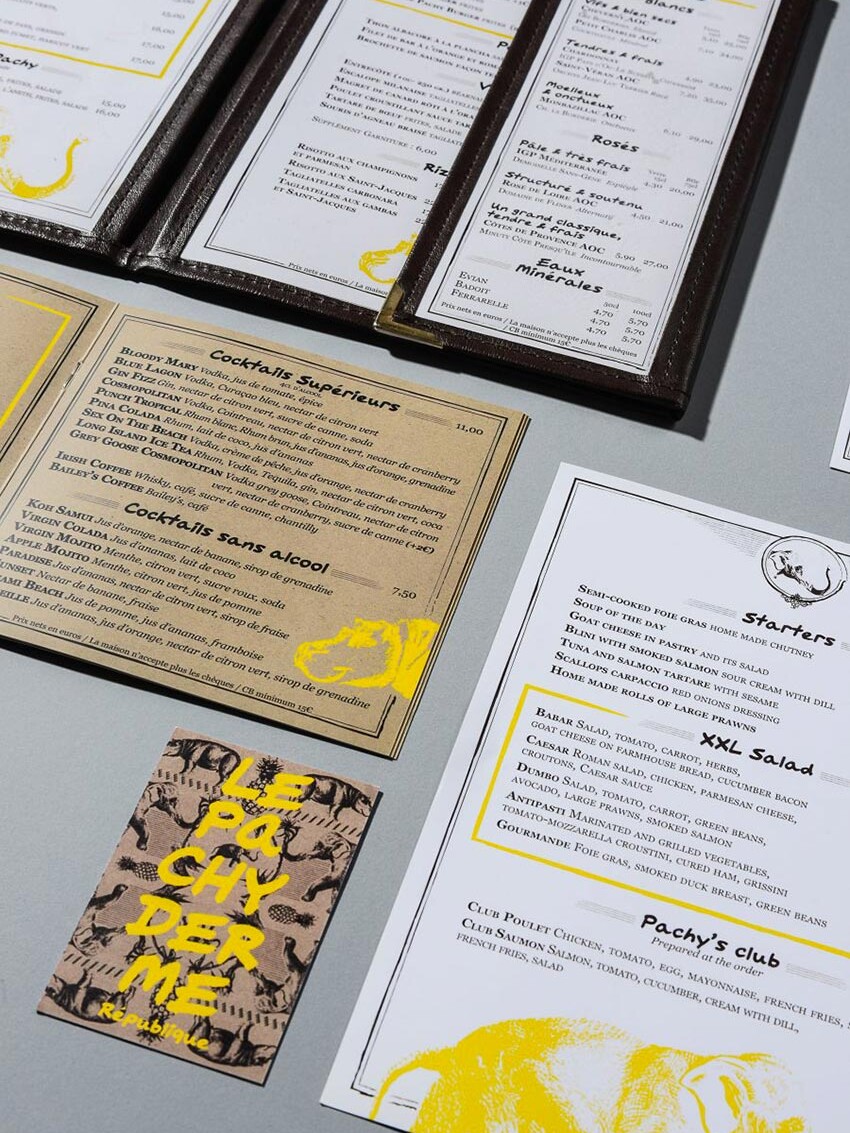 Le graphisme, les cartes des menus et l'identité visuelle ont été fait par le Studio Emma Roux pour la brasserie Le Pachyderme de Paris