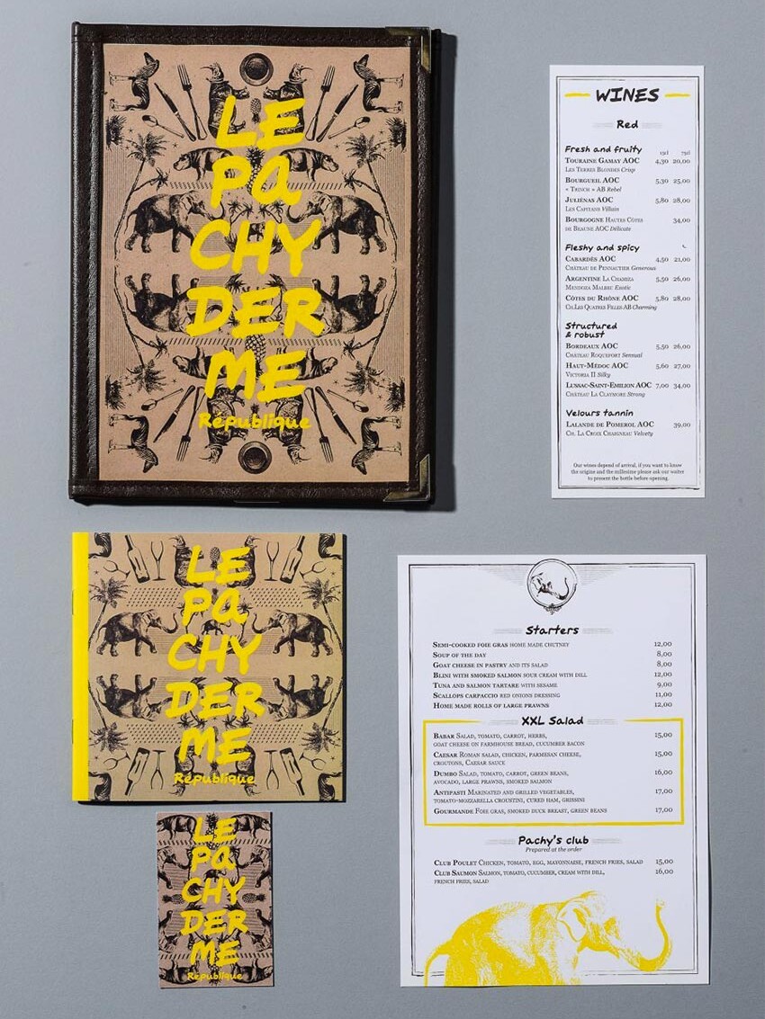 Le graphisme, les cartes des menus et l'identité visuelle ont été fait par le Studio Emma Roux pour la brasserie Le Pachyderme de Paris