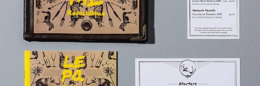 Le graphisme, les cartes des menus et l'identité visuelle ont été fait par le Studio Emma Roux pour la brasserie Le Pachyderme de Paris