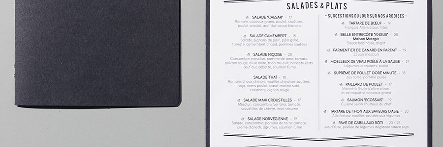Graphisme et identité visuelle ont été pensés par le Studio Emma Roux de Paris pour le Café Gabrielle. Menu et carte de visite.