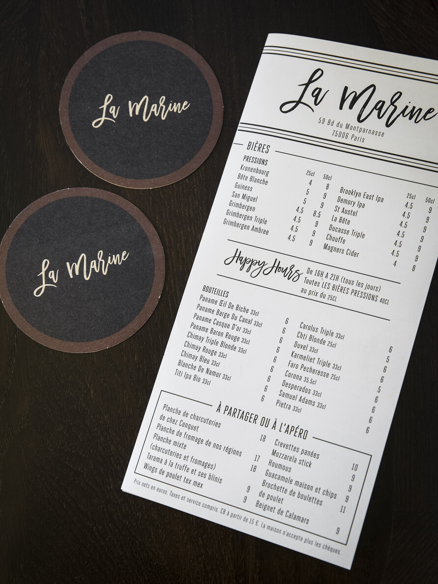 Pour appuyer cette nouvelle décoration et mieux distinguer la Marine Montparnasse de ses voisins, l'identité visuelle sera revue, notamment avec une nouvelle carte et une signalétique propre au lieu.